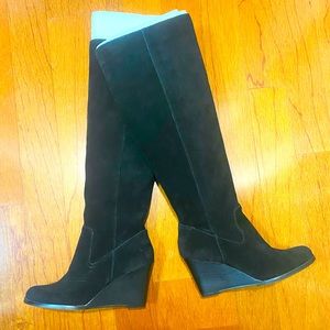 Brand new black suede wedge knee high boots
